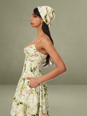 Jacinda Green Floral Print Ruched Breast Linen Midi Dress