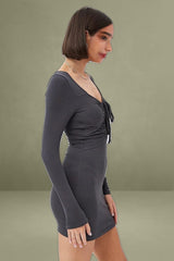 Grey Dress Long Sleeve Cut Out Details Bodycon Rib