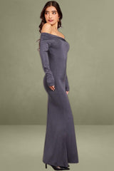 Long Sleeve Grey Off-Shoulder Maxi Dress