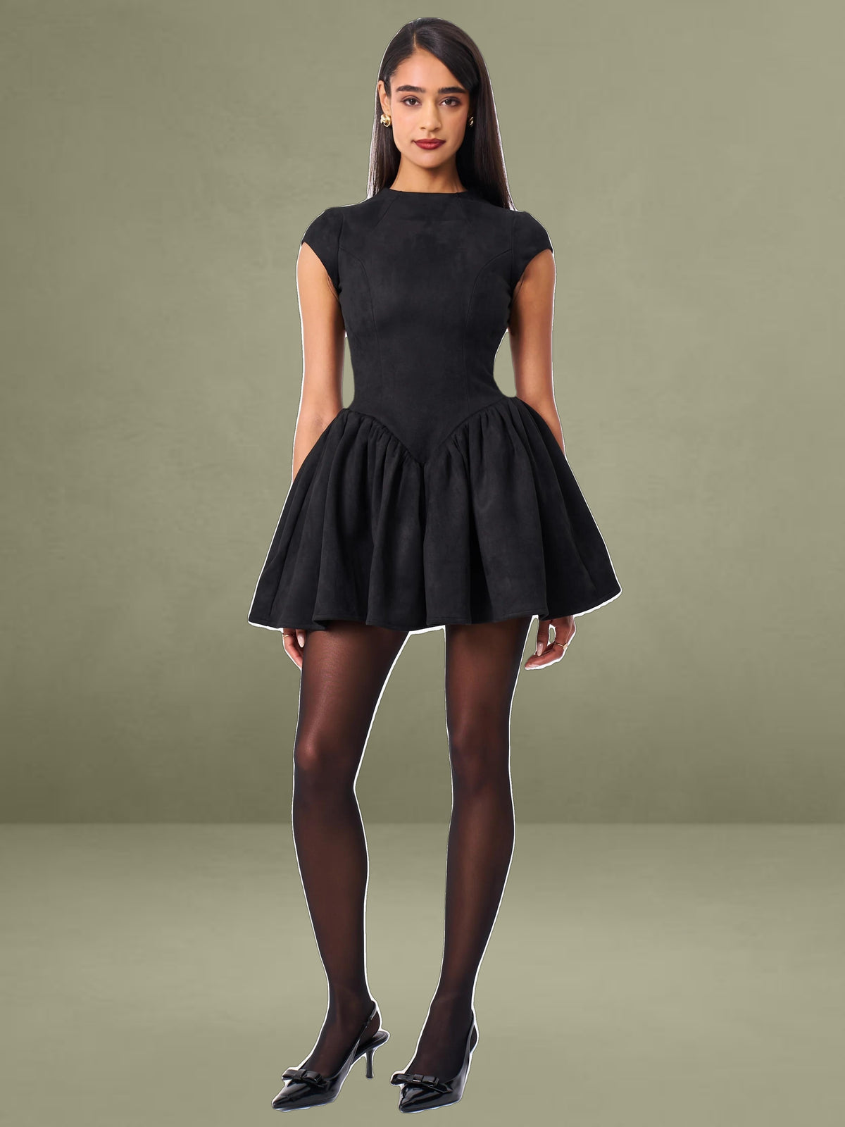 Jacqueline Backless Black Mini Puffy Suede Dress