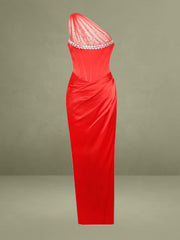 Lora Scarlet Crystal Embellished Mesh Satin Corset Gown
