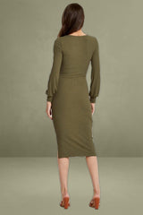 Green Ribbed Drawstring Mid-length Dress
