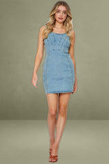Blue Zip Mini Scoop Neck Denim Dress