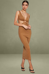 Brown Midi Dress Ribbed Cut Out