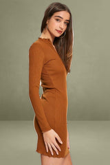 Brown Bodycon Dress Long Sleeve Mini