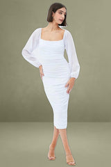 White Midi Dress Long Sleeve Square Neck Ruched Bodycon