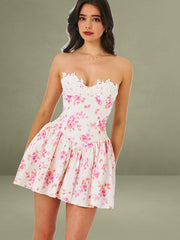 Samara Floral Drop Waist Linen Corset Puffy Mini Dress