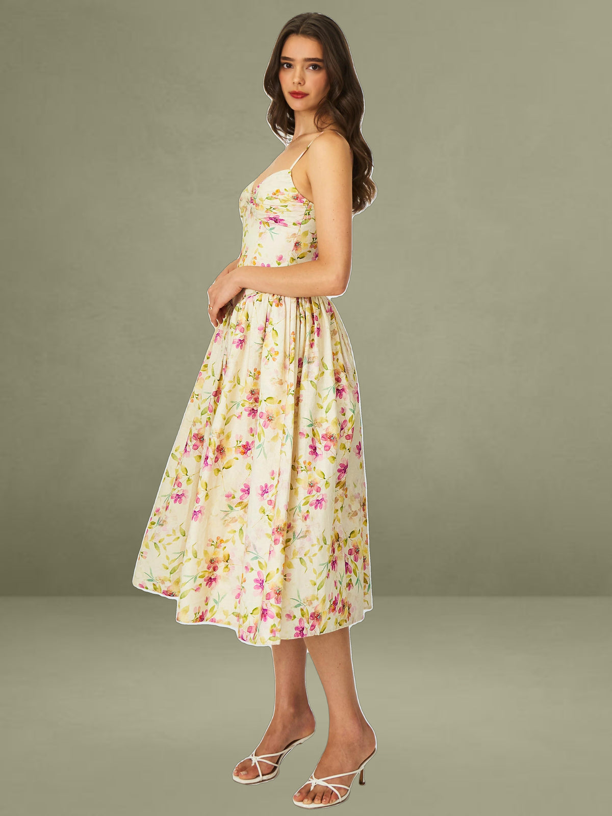 Yellow Floral Print Ruched Breast Linen Midi Dress