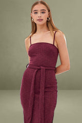 Red Maxi Dress Bodycon Tie Belted Rib