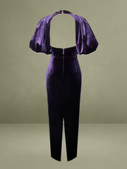 Purple Velvet Bubble Sleeve Backless Maxi Dress