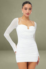 White Mini Dress Long Sleeve Halter Bodycon Ruched Mesh