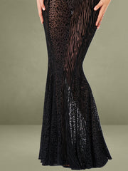 Ulani Black Burnout Velvet Detail Mesh Maxi Dress