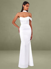 Ivona White Halter Neck Double Duchess Satin Gown