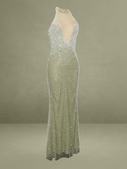 Ginny Pear Green Pearl Embellished Backless Gown