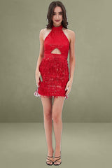 Red Party Bodycon Halter Mini Dress Tassels