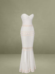 Beige Lace Trim Crochet Mermaid Maxi Dress