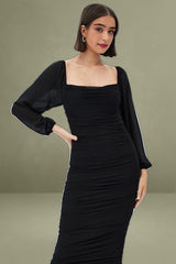 Black Midi Dress Long Sleeve Square Neck Ruched Bodycon