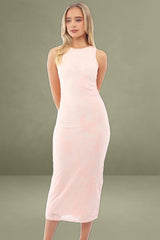 Pink Bodycon Dress Round Neck Sleeveless Burnout