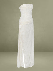 Xatia Off White Jacquard Textured High Slit Maxi Dress