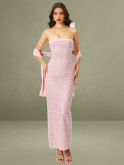 Raizel Pink Beaded Sequin Bodycon Gown with Scarf
