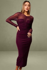 Brown Long Sleeve Mesh Bodycon Dress