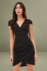 Black Bodycon Dress Short Sleeve Mini V Neck