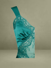 Perley Teal Satin and Lace Midi Dress