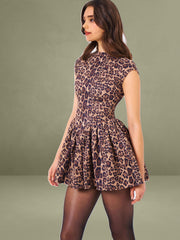 Backless Cheetah Print Mini Puffy Dress