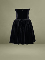 Black Velvet Drop Waist Corset Puffy Mini Dress with Lace Trim