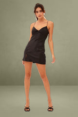 Black Mini Dress Bodycon Twist Front Satin