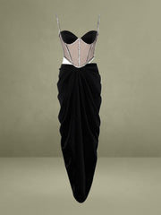 Cadence Black Satin Crystal Embellished Corset Dress