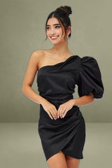 Black One Shoulder Puff Sleeve Statement Dress