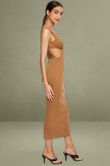 Brown Midi Dress Ribbed Cut Out