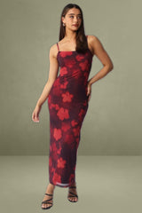 Red Floral Bodycon Dress Maxi Mesh