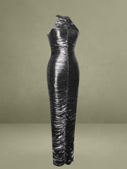 Abril Ruched Silver Glitter Backless Gown