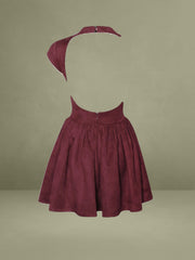 Backless Burgundy Mini Puffy Suede Dress