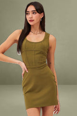 Green Mini Dress Sleeveless Corset Detail Bodycon