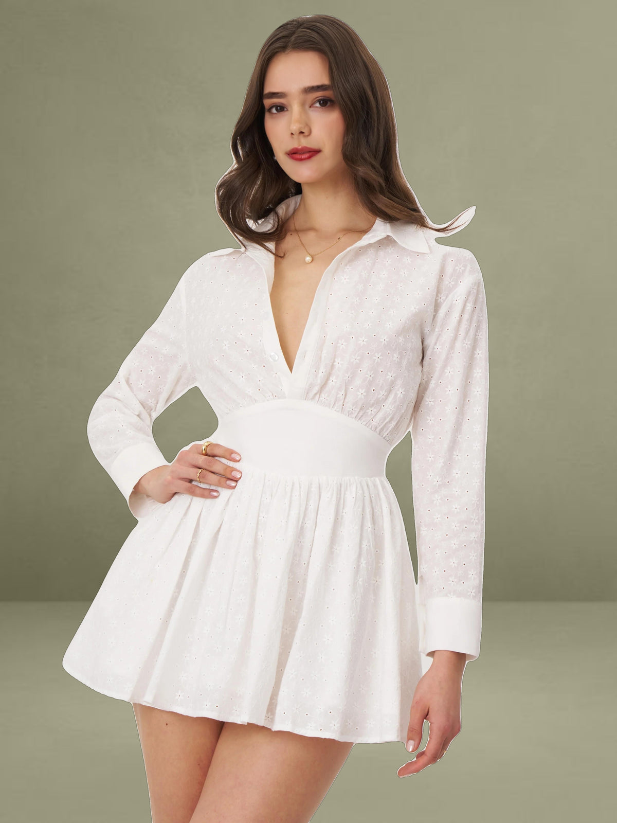 Gabriella White Cotton Eyelet Button Up Long Sleeve Shirt Dress