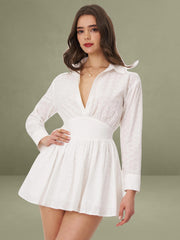 Gabriella White Cotton Eyelet Button Up Long Sleeve Shirt Dress