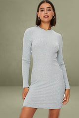 Grey Side Zip Bodycon Ribbed Dress