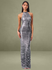 Abril Ruched Silver Glitter Backless Gown