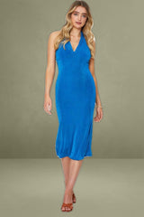 Blue Midi Dress Halter Neck