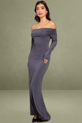 Long Sleeve Grey Off-Shoulder Maxi Dress