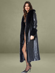 Black Vegan Fur Trim Black Vegan Leather Coat