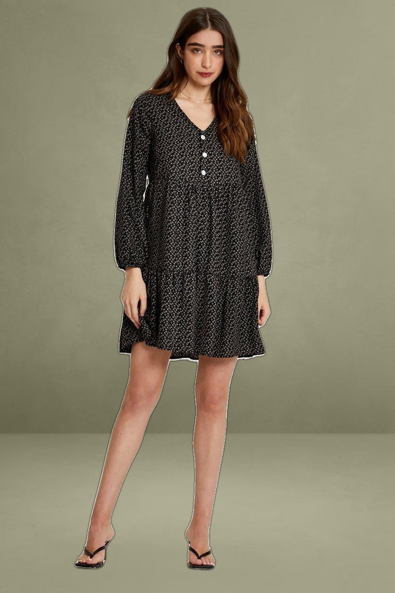 Printed Mini Dress with Long Sleeves