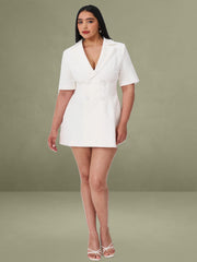 Madelina White Double Breast Satin Trim Blazer Dress