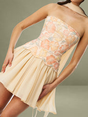 Yellow Beaded Floral Mini Chiffon Dress with Scarf