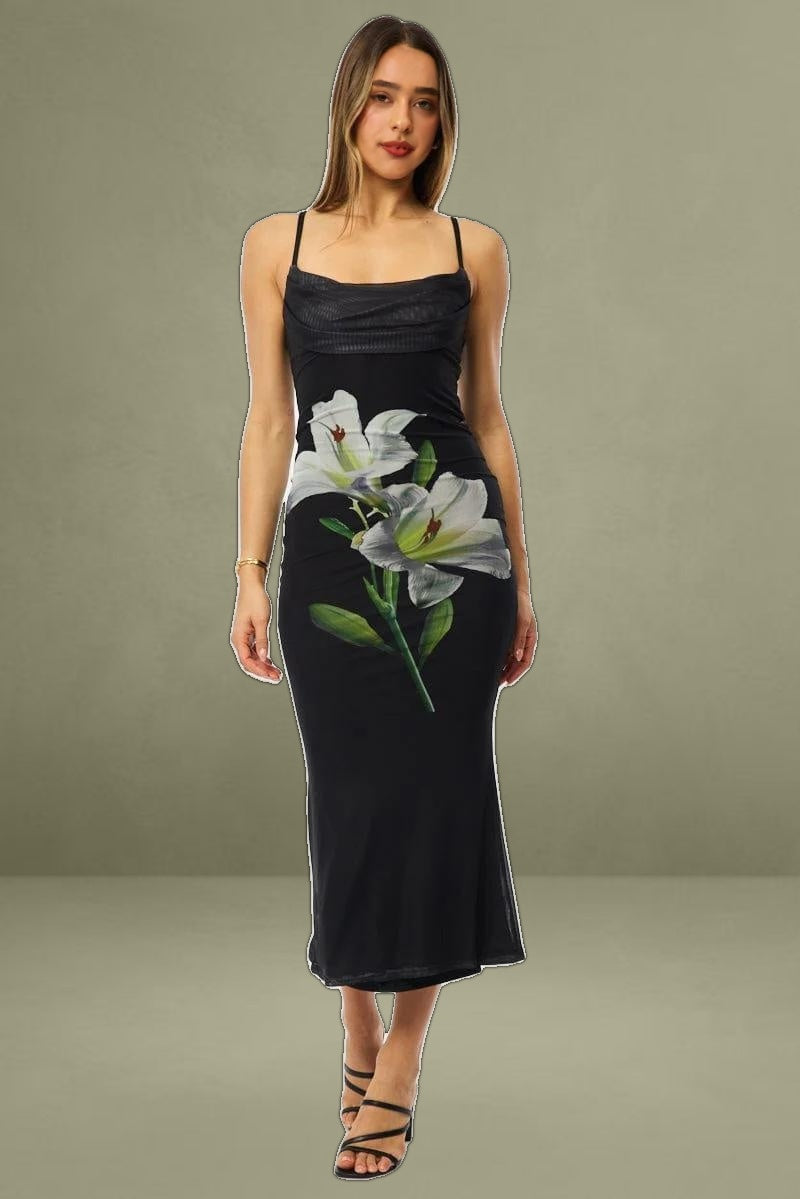 Black Floral Bodycon Dress Maxi
