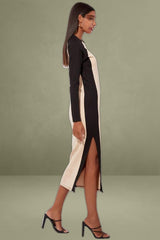Beige Midi Dress Long Sleeve Round Neck Raglan Two-tone