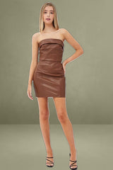 Brown Dress Boob Tube Bodycon Faux Leather